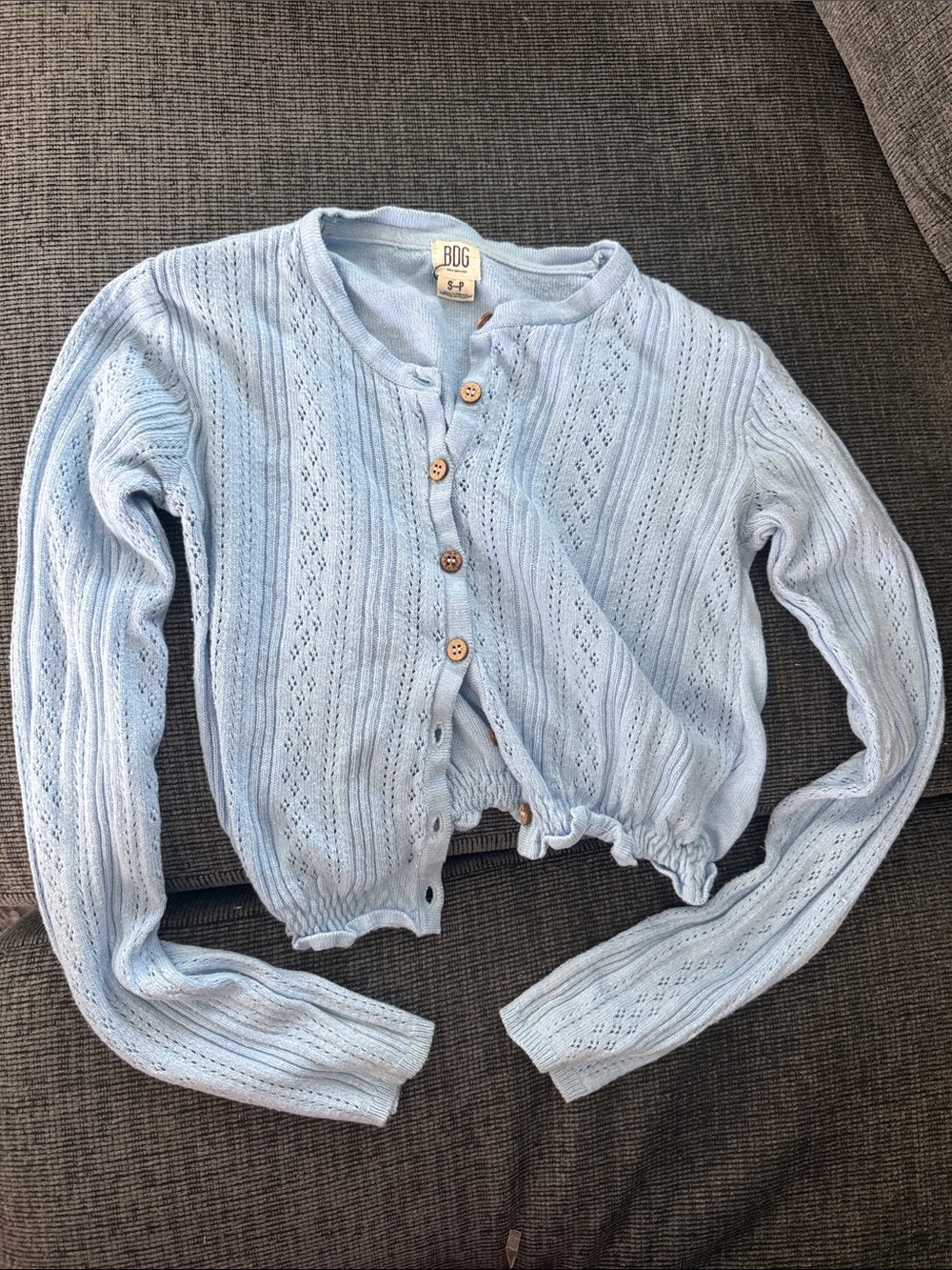 BDG Pale Blue Openwork Button-Front Cropped Cardigan